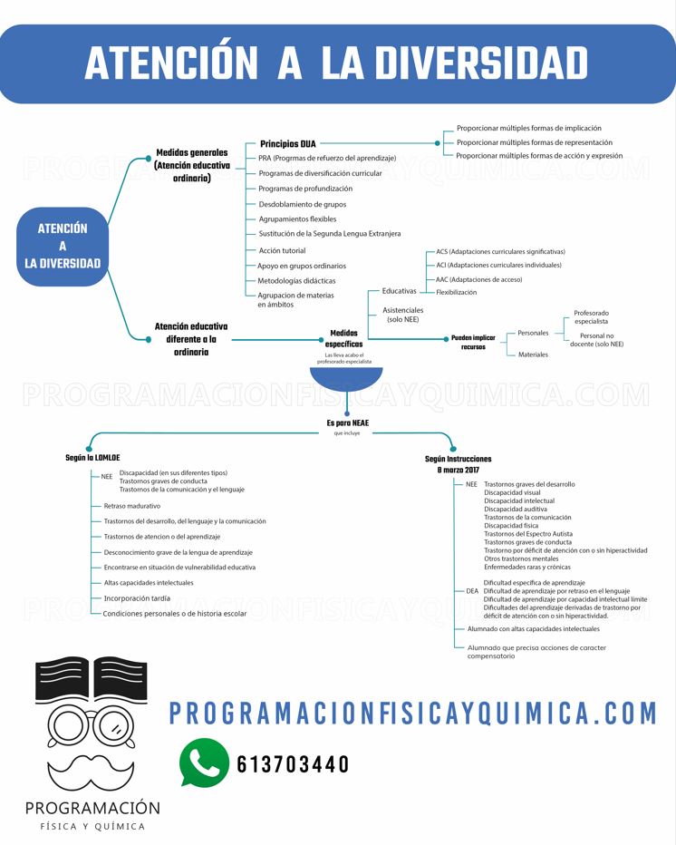 Infografía del curso de David Díaz para preparar la programación didáctica de Física y Química en las oposiciones de Andalucía. Muestra un resumen del apartado de Atención a la diversidad.
